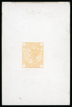 Stamp of Great Britain » 1855-1900 Surface Printed » 1867-80 Large Uncoloured Corner Letters, Wmk Spray of Rose 1873 9d. die proof (type B) in orange yellow on white