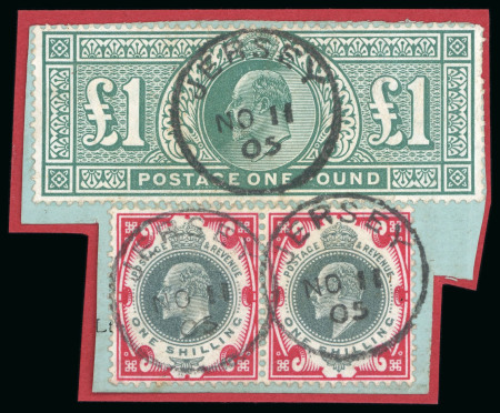 Stamp of Great Britain » King Edward VII » 1902-10 De La Rue Issues 1902-10 De La Rue 1/- pair and £1 green, neatly tied