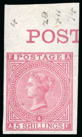 Stamp of Great Britain » 1855-1900 Surface Printed » 1867-83 High Values 1867 5/- Rose, AF, pl.4, a magnificent marginal imprimatur