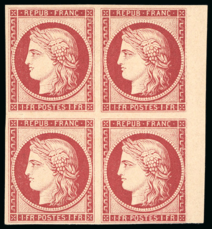 Stamp of France » Type Cérès de 1849-1850 1849, Cérès non dentelé 1 franc carmin en bloc de