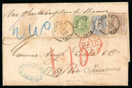 Stamp of Belgium 1875 (Nov 7) Entire letter to Brazil with a very rare pre-UPU four-colour franking to an exceedingly scarce destination.