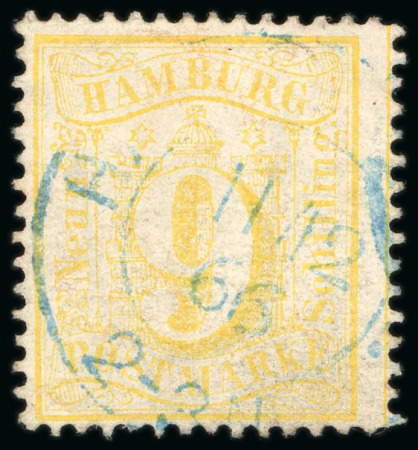 Stamp of German States » Hamburg 1864-65, 9s yellow, used with 11.12.66 blue cds 