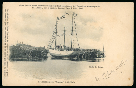 Stamp of Polar 1905ca. picture postcard of "Le Français" launching at St. Malo, signed at lower right by Charcot, 