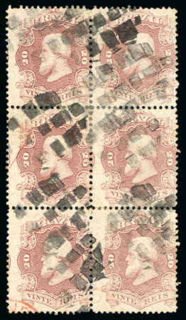 Stamp of Brazil » 1866-83 Dom Pedro » 1866 "Black Beard" Issue 1866, 20r brown lilac, vertical block of six, cancelled