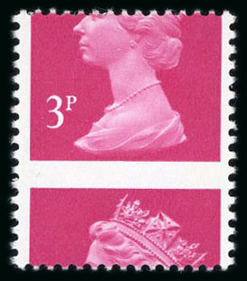 Stamp of Great Britain » Queen Elizabeth II 1977 Decimal Machin 3p bright magenta mint n.h. showing incredibly misaligned perforation