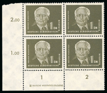 Stamp of Germany » German Democratic Republic 1950, President Wilhelm set of five values 12Pf to 5Dm in mint n.h bottom corner marginal blocks of four with printers imprint,