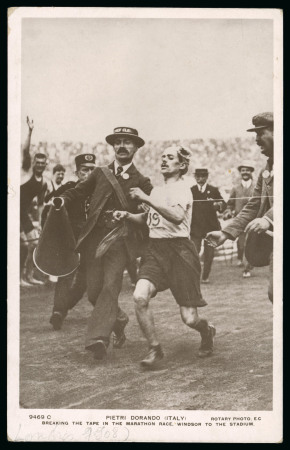 1908 London, pair of picture postcards; one of Dorando crossing the marathon finishing line and one of the stadium