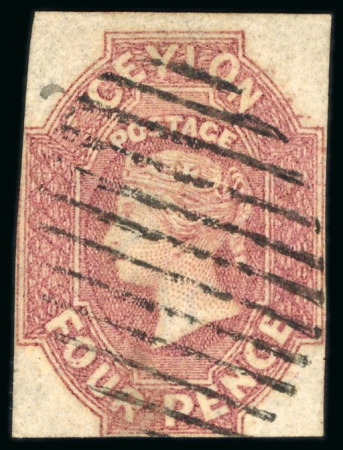 Stamp of Ceylon 1857-59 4d Dull Rose, outer frameline touched on t