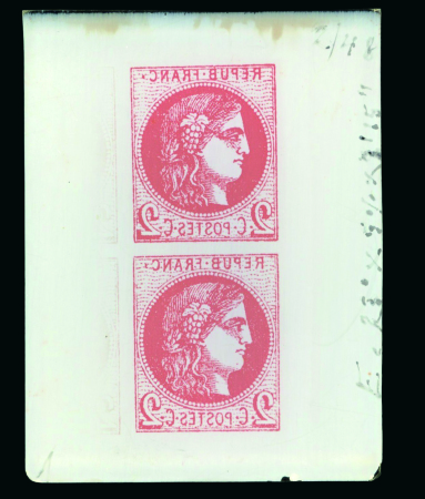 France – Bordeaux Issue 2c in vertical pair, glass support cliché with reversed image in vermilion, with dating “2/48” and technical specifications along the right side that details light exposure, temperature and
