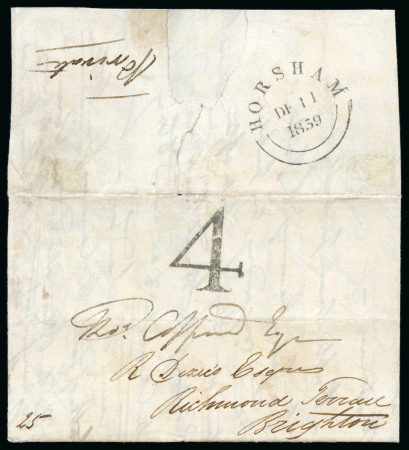 Stamp of Great Britain » Postal History Horsham Hand struck "4" on 11th December 1839 Cover,