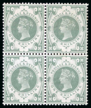 Stamp of Great Britain » 1855-1900 Surface Printed » 1887-1900 Jubilee Issue & 1891 £1 Green 1887 1/- dull green with Watermark INVERTED Block of