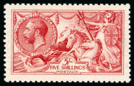 Stamp of Great Britain » King George V » 1913-19 Seahorse Issues 1915 DLR 5/- Bright Carmine Wmk INVERTED mint NH. RARE