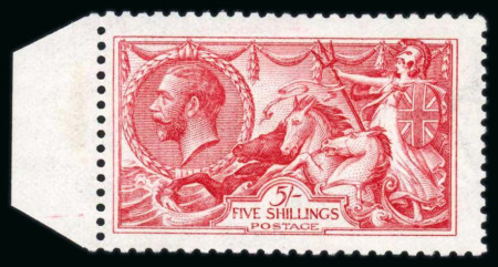 Stamp of Great Britain » King George V » 1913-19 Seahorse Issues 1915 DLR 5/- Bright Carmine Wmk REVERSED mint NH, RARE