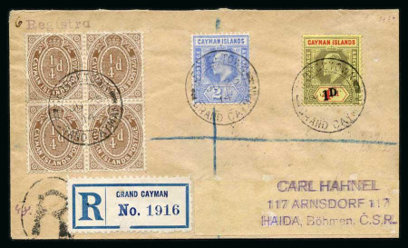 Stamp of Cayman Islands 1908 registered cover to Czechoslovakia with 2 1/2d.
