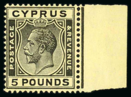Stamp of Cyprus 1924-28 £5 black on yellow paper right marginal Brilliant