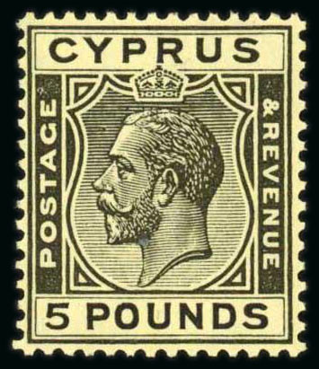 Stamp of Cyprus 1924-28 £5 black on yellow paper fresh and well-centred