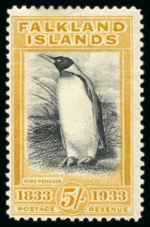 Stamp of Falkland Islands 1933 Centenary 5/- Black and Yellow-orange Mint NH