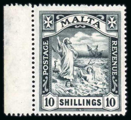 Stamp of Malta 1919 10/- Black Wmk MCA left marginal very fine and