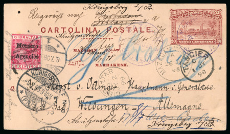 Stamp of Morocco Agencies (British Post Offices) » Gibraltar Issues Overprinted 1898 (Jun 24) 20c Mazagan à Marrakesh postal stationery card sent to Germany, uprated