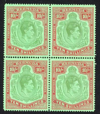 Stamp of Bermuda 1942 10/- yellow-green and carmine on green paper line