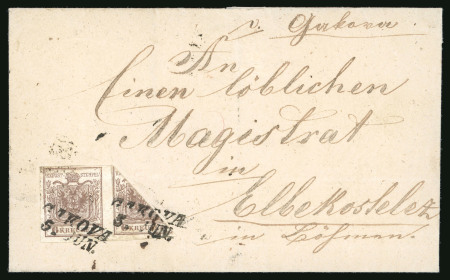 Stamp of Austria 1850 6Kr braun HP Ty III in waagrechtem Paar dabei rechte Marke diagonal halbiert