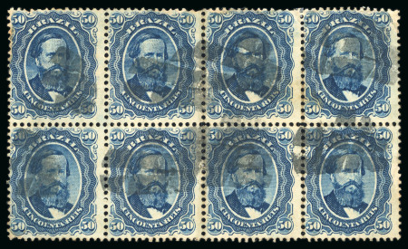 Stamp of Brazil » 1866-83 Dom Pedro » 1866 "Black Beard" Issue 1866, 50r blue, horizontal block of eight with postmark