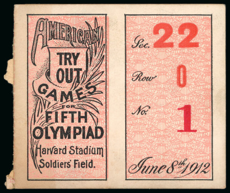 1912 American Try Out Games at Harvard Stadium, ticket stub for June 8th 1912