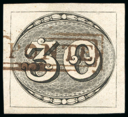 Stamp of Brazil » 1843 Bull's Eyes 1843, 30r black, worn impression, "MEYA-PONTE" double-framed hs