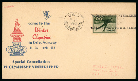 Original envelope with eight illustrated 1936 Olympic post stamps and three  Olympic Village cancellations