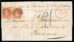 Stamp of Chile » General issues 1854, Lithographed by Henri Gillet, 5 c. pale red-brown, two examples on external mail