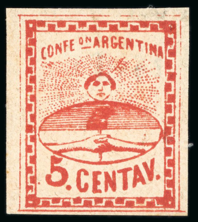 Stamp of Argentina » Argentine Confederation 1860, Large Figure, 5c blood red "rojo sangre", huge