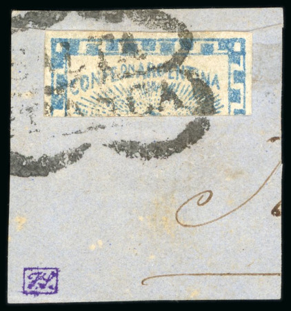 1858, Small Figures, 15c blue, one third used on piece at Salta