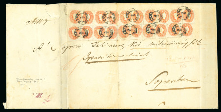 1860 5Kr Red, 22 examples including 2 on reverse tied by Pápa 3/5 cds on large registered ten-fold weight envelope