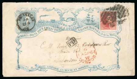 Stamp of Belgium 1858-61, 40c red, three margined example used on 1864 delightful blue advertising envelope of the famous early stamp dealer J. B. MOENS