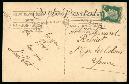 1924 (Mar 4) Postcard with 10c Pasteur tied by the scarce Colombes "JEUX OLYMPIQUES / PARIS / MAI-JUIN-JUILLET / 1924" roller