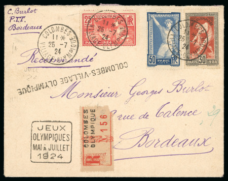 DURING THE GAMES: 1924 (Jul 25) Envelope sent registered from the Olympic Village
