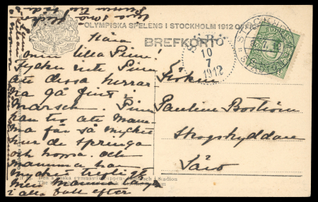 During the Games: 1912 (Jul 9) envelope sent from the Olympic stadium with 5ö tied by the "STOCKHOLM / STADION" cds
