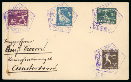 During the Games: 1928 (May 21) pair of envelopes sent with the complete Olympic set of 8, tied by the stadium "N2" pentagonal ds in violet