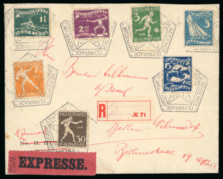 1928 (May 13) envelope sent registered and express to Germany with seven Olympic stamps