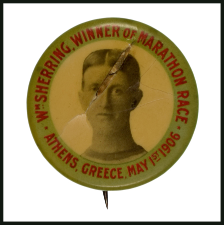 William Sherring commemorative pin badge, 31mm diameter,  who won the Marathon race in the 1906 Games