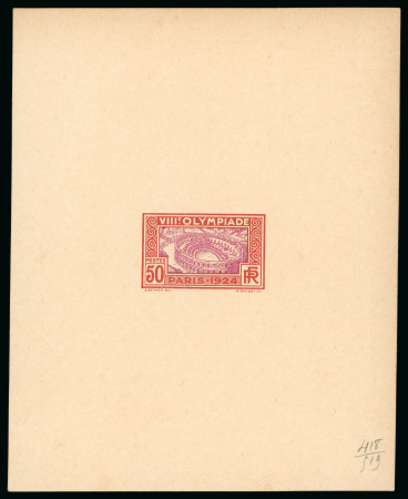 1924 50c Olympics unissued design (depicting the Roman arena in Nemes) colour proof in mauve and reddish brown