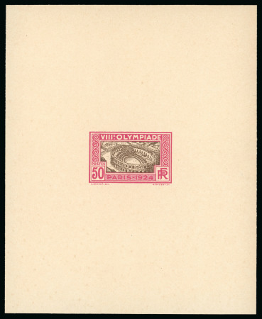 1924 50c Olympics unissued design (depicting the Roman arena in Nemes) colour proof in brown-black and magenta