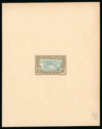 1924 50c Olympics unissued design (depicting the Roman arena in Nemes) colour proof in light blue and olive