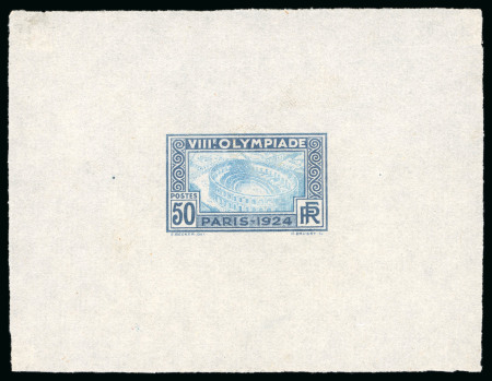 1924 50c Olympics unissued design (depicting the Roman arena in Nemes) colour proof on vertically laid paper in light blue and dark blue