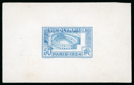 1924 50c Olympics unissued design (depicting the Roman arena in Nemes) colour proof on glossy paper in greenish blue and blue