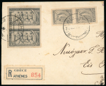 1906 Olympics 2l imperf. vertical pair and 1D imperf. vertical pair, tied to large piece