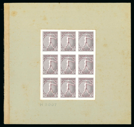 1906 Olympics 3l violet imperf. proof on carton paper in sheetlet of nine