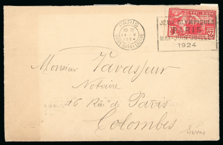 1924 (May 14) envelope from Paris to Colombes with Olympic 25c tied by Olympic slogan cancel with Olympic arrival