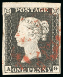1840, 1d black pl.1a AG with good to very large margins, light strike of red MC