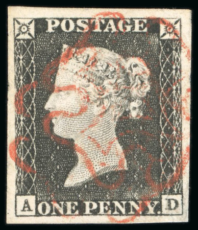 1840, 1d black pl.1a AD with four large margins and parts of two lightly struck red MCs